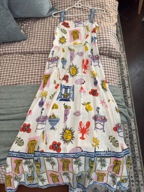 White Printed linen Sundress with Italian Motifs